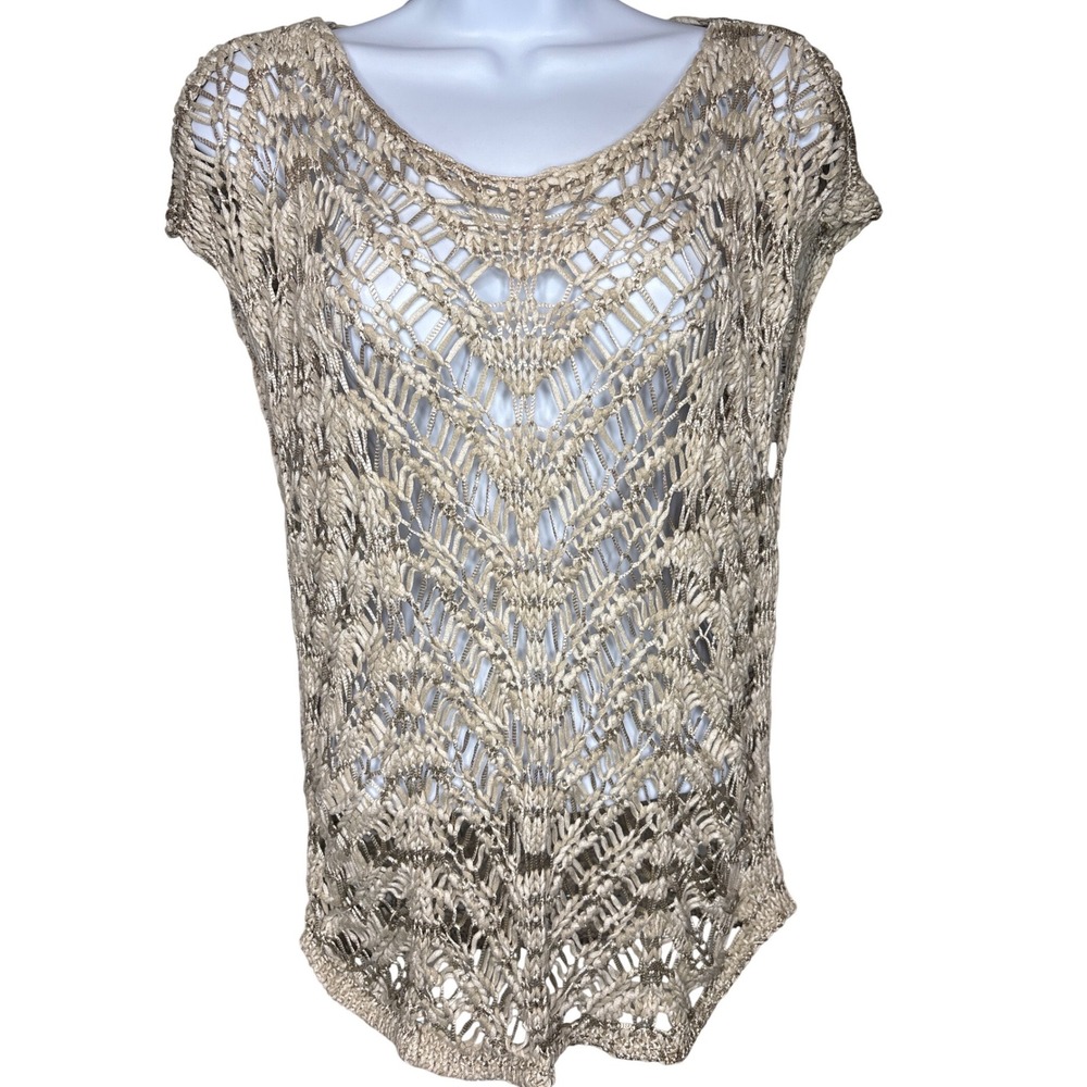 Eileen Fisher Womens Gold Crochet Open Knit Top Sz M Boho Chic Beach Coverup